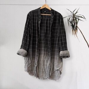 Black and Gray Grid Pattern Ombré Long Button Down Shirt